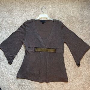 Investments Chocolate V-Neck Sweater with Embellished Belt.  Lightweight knit.
